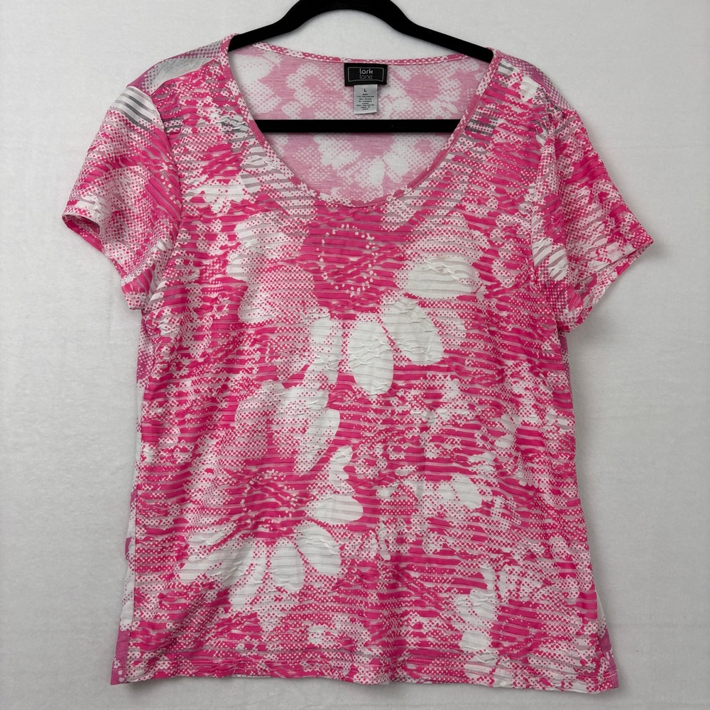 Lark Lane Pink White Floral Burnout Stripe Short Sleeve Blouse Top Large